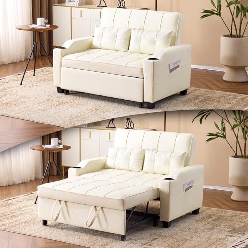 VINGLI Light Green Futon Sofa Bed Convertible Loveseat Sleeper Couch, Faux Leather Pullout Sofa Fold Out Couch Bed with USB Ports, Cup Holders, Armrest for Living Room, Bedroom Apartment Room