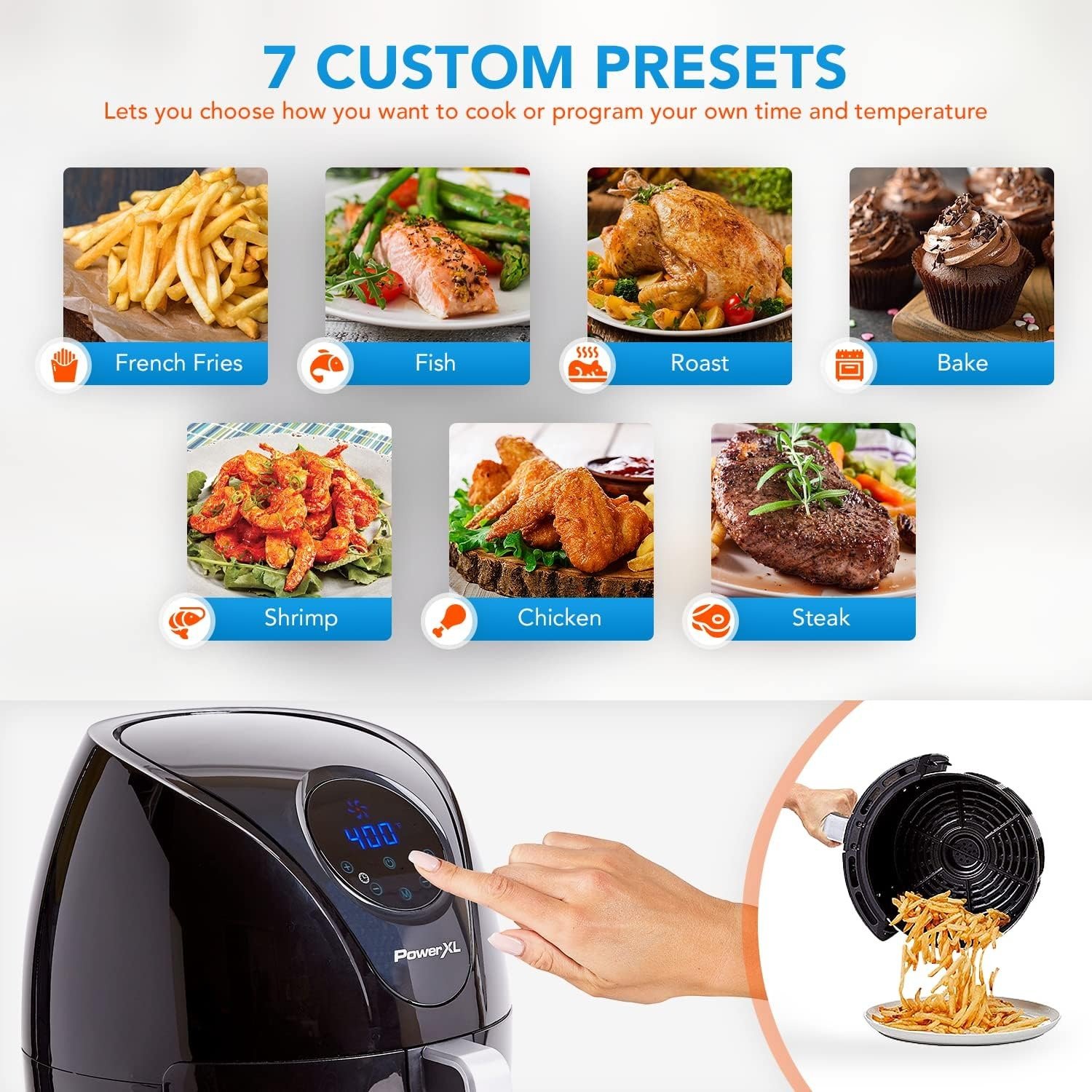 7QT 5-in-1 Extra Hot Air Fryer, 7 Presets, Rapid Air Tech, Nonstick Basket, Black