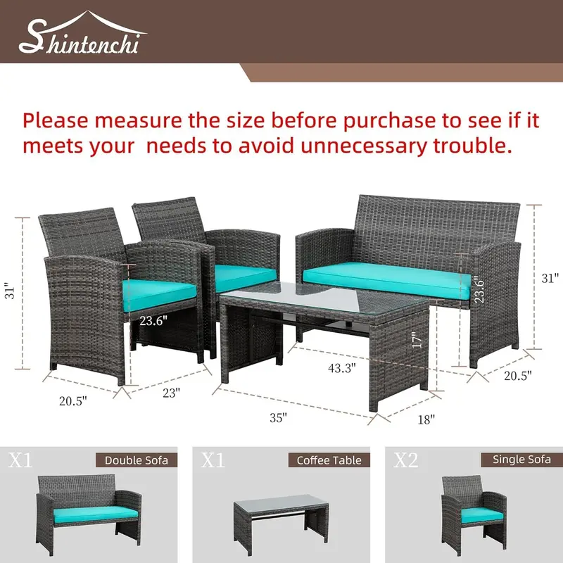 Shintenchi 4-Piece Beige Rattan Patio Set — Wicker Outdoor Furniture with Cushions & Tempered Glass Tabletop