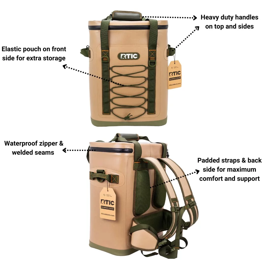 RTIC 36 Can Backpack Cooler, Leakproof Ice Chest Cooler with Waterproof Zipper, Tan