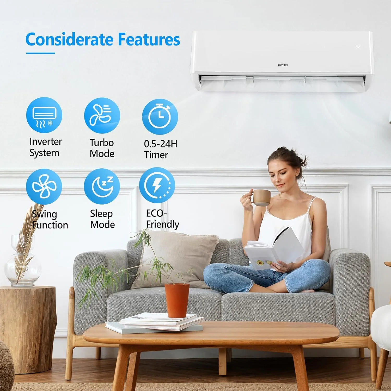 ROVSUN 18,000 BTU Wifi Enabled 22 SEER Mini Split AC/Heating System with Inverter, 230V Ductless Split System Air Conditioner w/Pre-Charged Condenser, Heat Pump & Installation Kit, Works with Alexa
