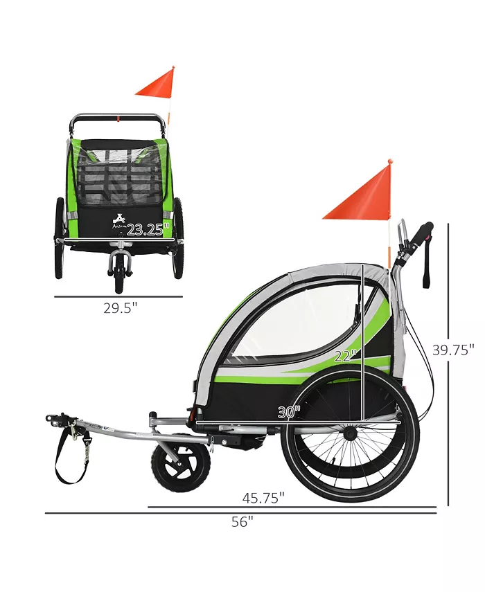 Aosom Toddler 2-in-1 Walk Ride Foldable Baby Bike Trailer 2 Seater, High-Visibility Bike Stroller Wagon, Weather-Strong Double Bicycle Trailer Accessory Green