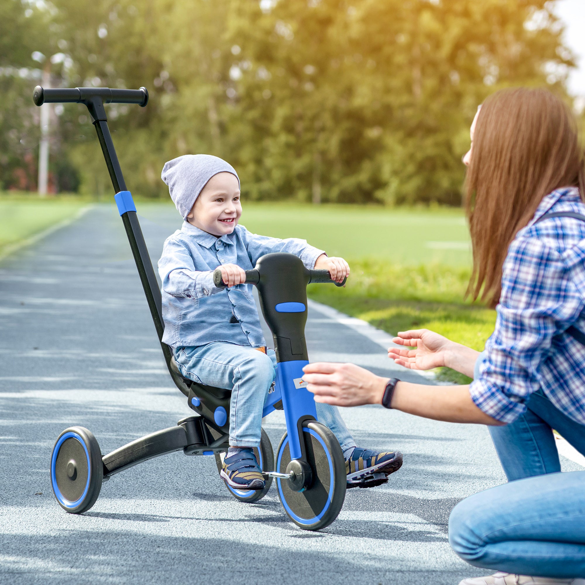 Aosom 4-in-1 Toddler Tricycle, Adjustable Balance Bike, Kids Bike, Baby Bicycle Push Trike for Kids 2-4 with Folding Trike Handle, Outdoor Toy for Toddlers and Kindergarteners, Blue