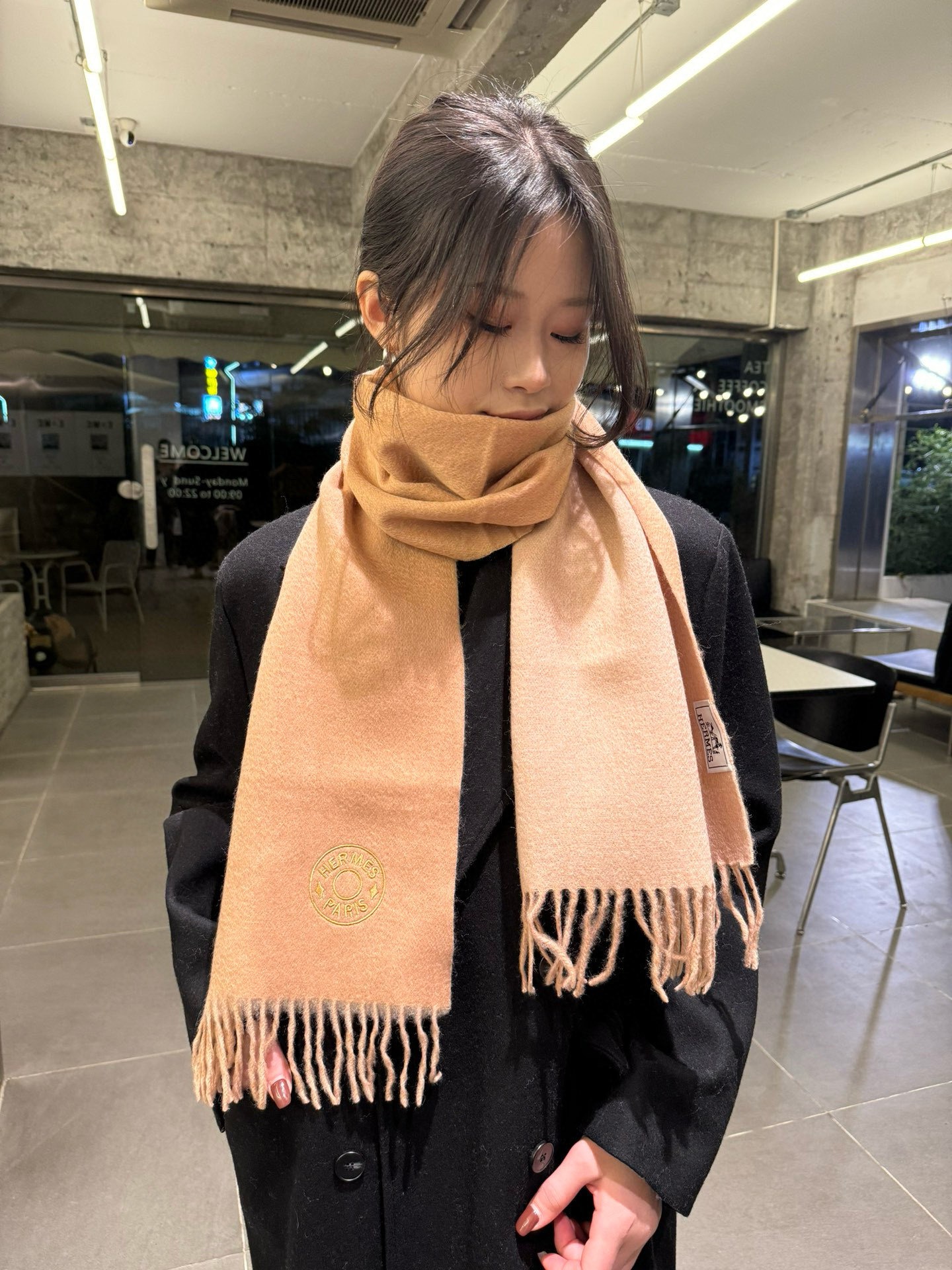 Hermes Cashmere Blanket Scarf Khaki For Women 180cm