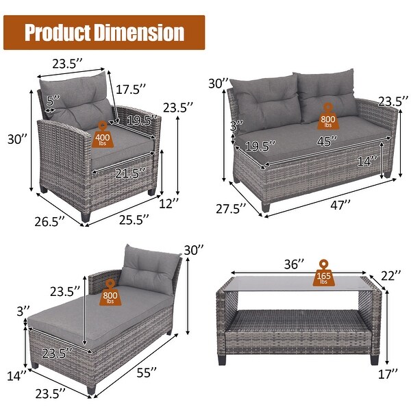 Costway 4PCS Patio Rattan Furniture Set Cushioned Loveseat Table Shelf
