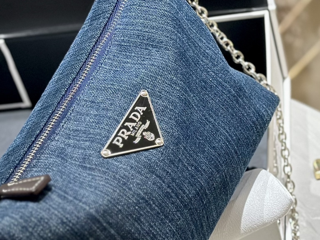 Prada Jeans Ring Shoulder Bag Denim Blue 25Cm