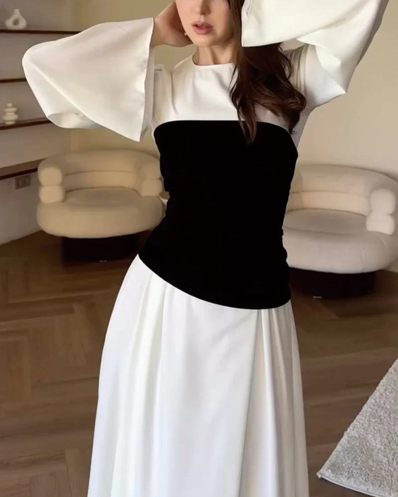 Elegant Contrast Bodice Pleated Maxi DressClistos