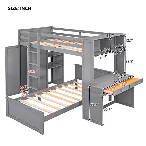 Harper & Bright Designs Full Over Twin Bunk Bed with Desk, Storage, Solid Wood Bunk Bed with Shelves and Wardrobe, Twin Size Loft Bed with a Stand-Alone Bed for Kids Teens Adults - Gray