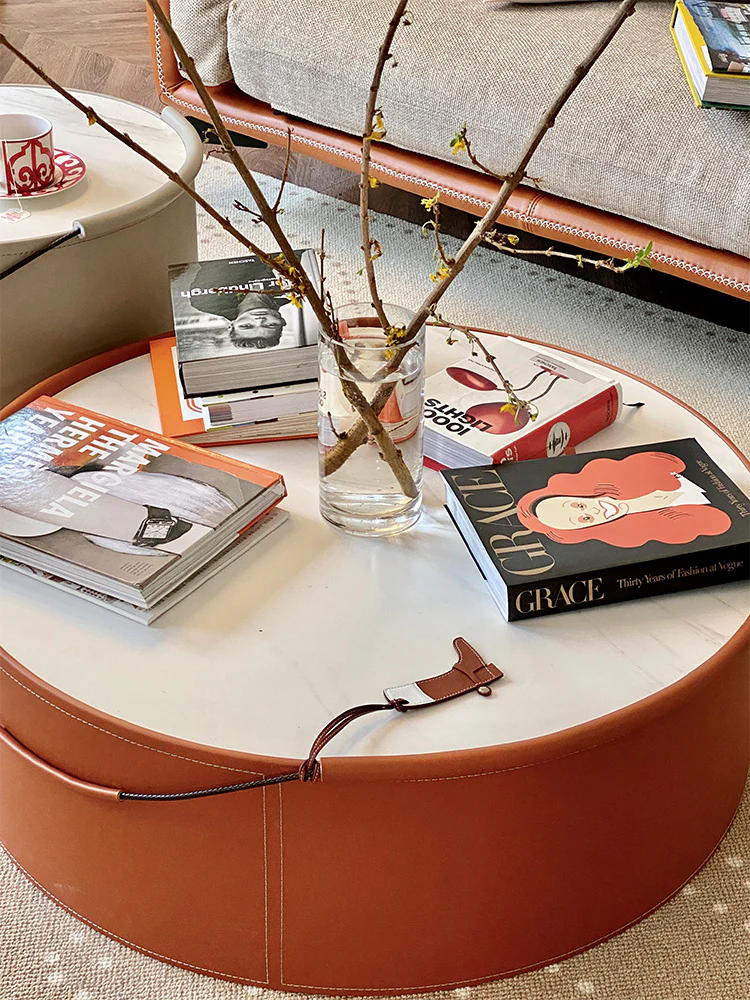 YA010 (Set) - Handmade Italian Minimalist Saddle Leather Side Table: Natural Stone, Set of Two
