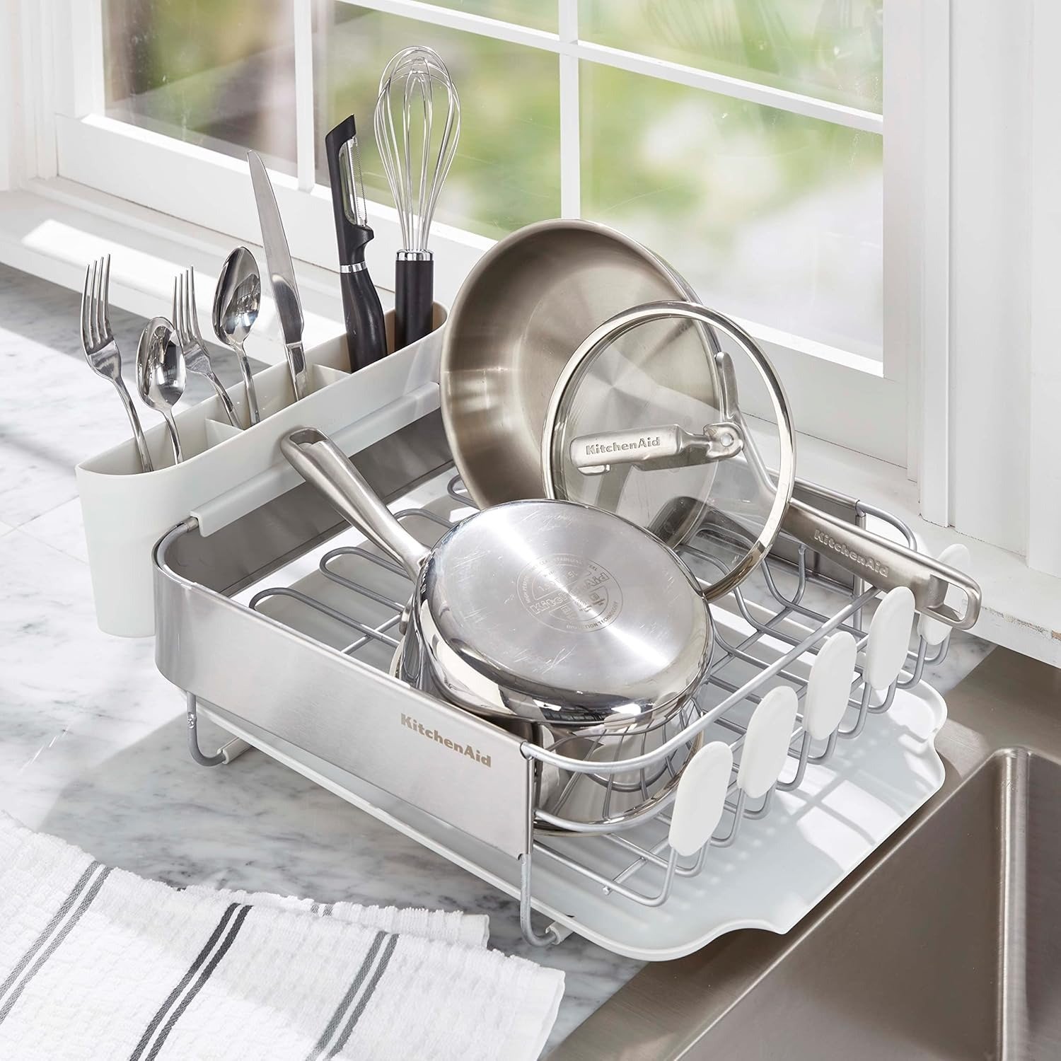 16.06 Inch Compact Stainless Steel Dish Rack Rust Resistant with Drainboard & Flatware Caddy White