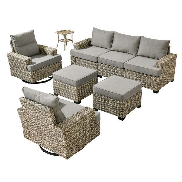 OVIOS 8 Pieces T shaped Seat Wide Armrest Swivel Chair Set With Ottoman