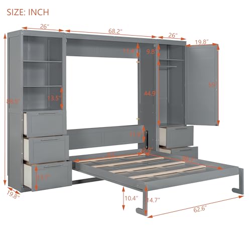 Ball & Cast Murphy Bed Queen Size Hideaway Wall Chest with Closet and Drawers,Storage Cabinet Bed Frame w/Shelves,can be Folded into a Cabinets,Bedroom Folding Bedframe for Guest Room,Study,White