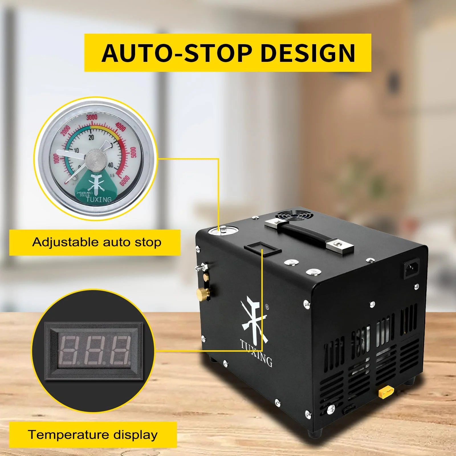 TUXING 4500Psi PCP Air Compressor,Auto-Stop,Oil/Water-Free, High Pressure Air Compressor for Paintball Tank Pump with Water/Oil Separator,Built-in Power Adapter(110V AC or 12V Car Battery)