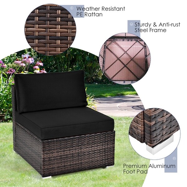 6 Pieces Patio Rattan Furniture Set with Cushions and Glass Coffee Table