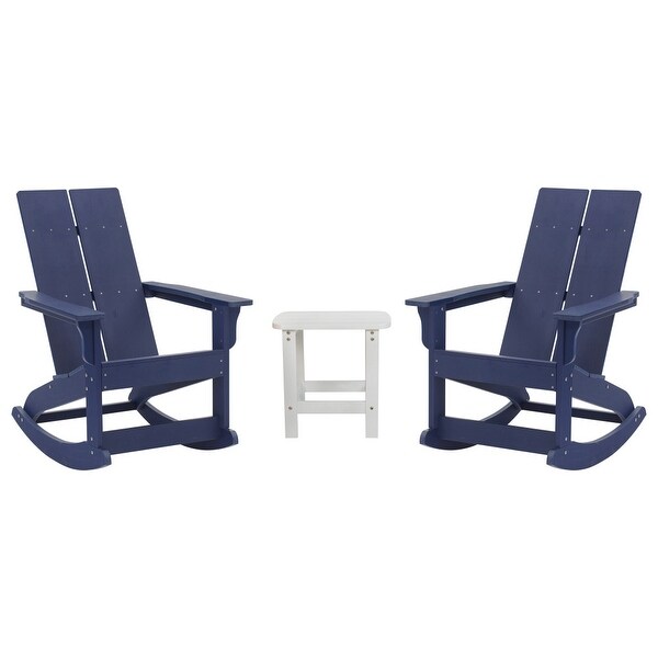 2 Modern Dual Slat Poly Resin Adirondack Rocking Chairs with Side Table