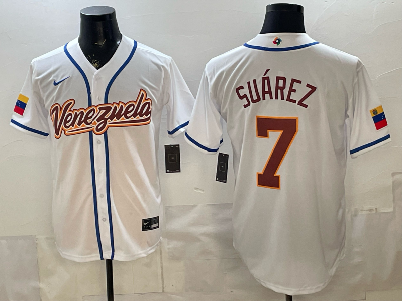 Men's Venezuela Baseball Eugenio Suarez #7 White 2026 World Baseball Classic Stadium Jersey