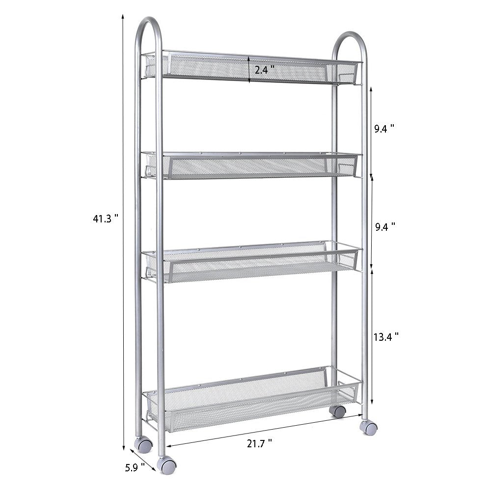 4-Tier Wire Metal Mesh Shelves, Heavy Duty Utility Rolling Cart Trolley, Slim Slide Out Storage Organizer Easy Moving Cart Shelving Units for for Kitchen Office Bedroom Bathroom Washroom, L2412