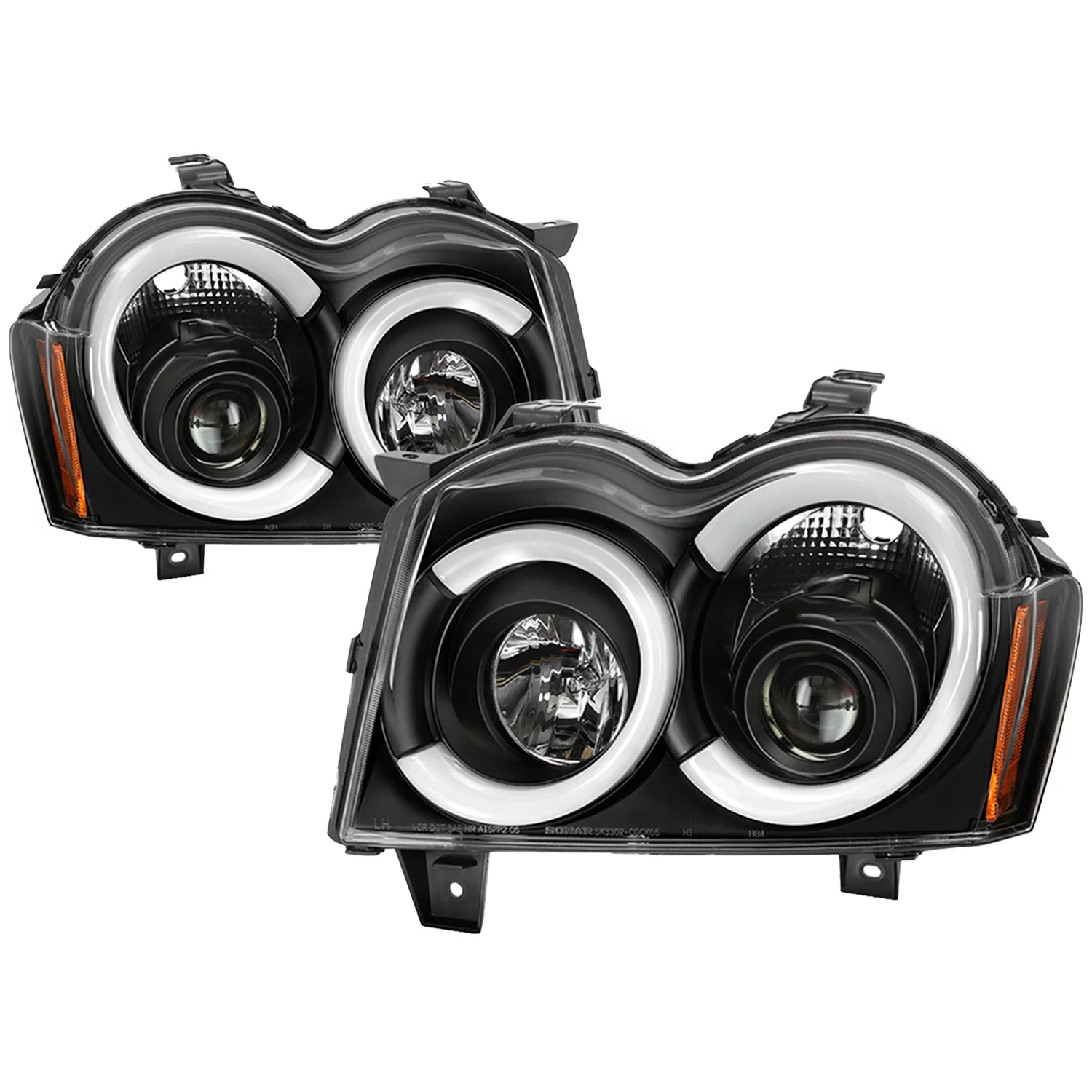 AKKON - Fits 2005 2006 2007 Jeep Grand Cherokee LED [C-Tube] Light Bar Projector Black Headlights + Tail Brake Lamp Pair
