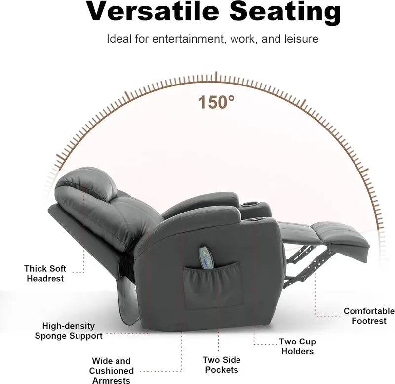 Swivel Recliner Chair with Heat & Massage Functions – Manual Rocking Lounge Chair Featuring Remote Control, Cup Holder, and 360° Rotation