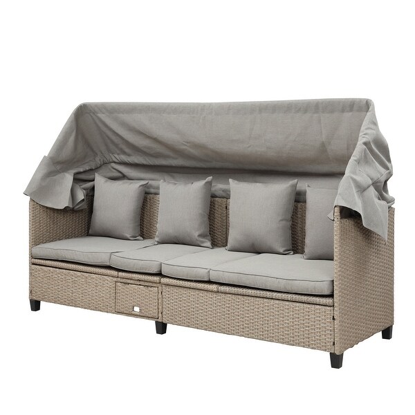 UVProof 4Piece Resin Wicker Patio Sofa Set Daybed Sunbed with Retractable Canopy and Adjustable Table