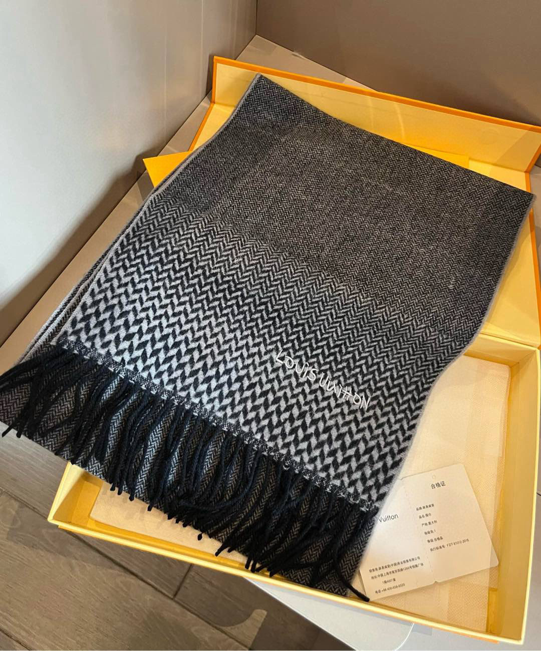 Louis Vuitton Herringbone Cashmere Scarf Black For Women 185cm