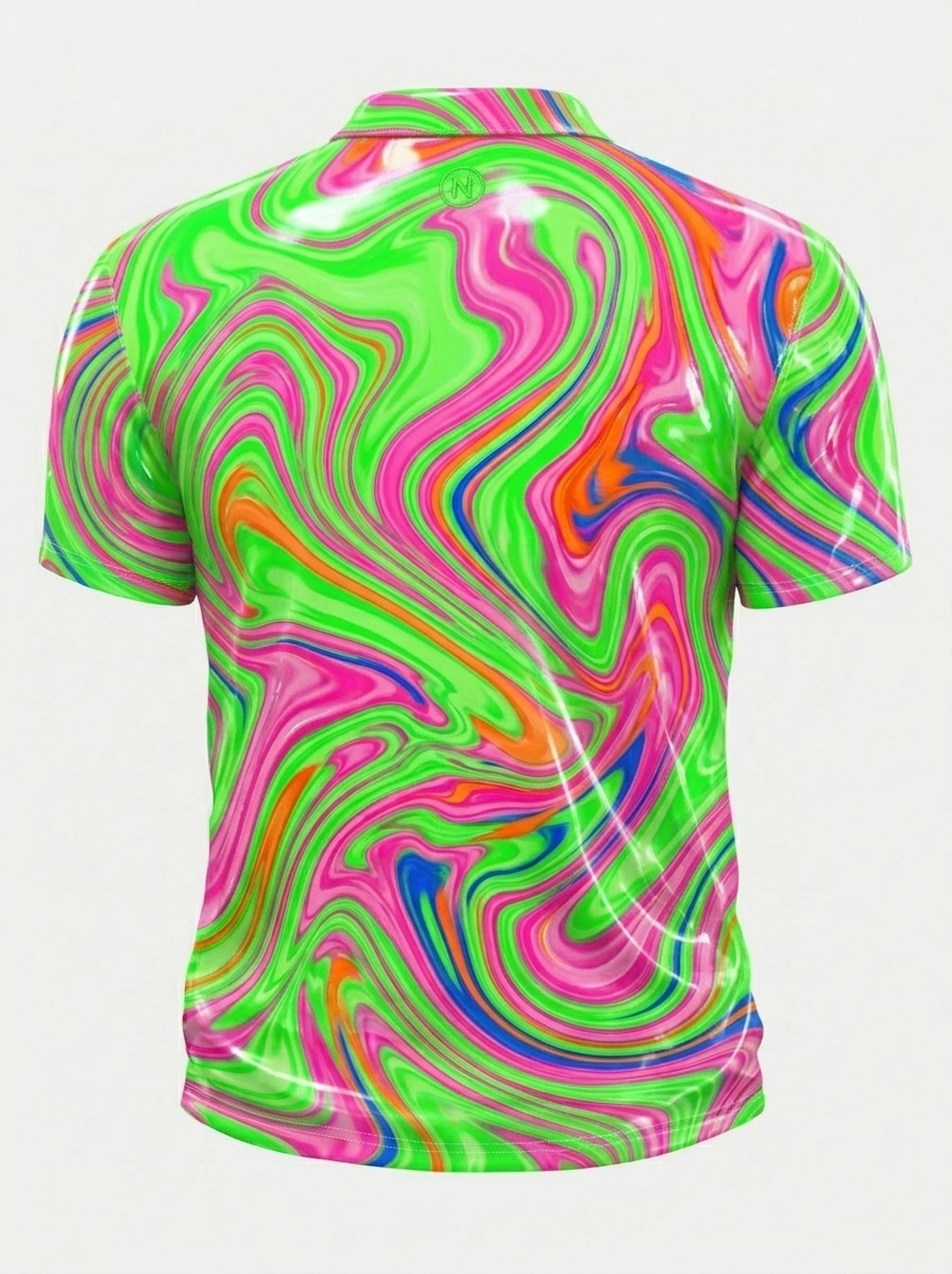 Moisture Wicking Golf Polo 3D Neon Swirl Liquid Button Short Sleeve Golf Polo Shirt