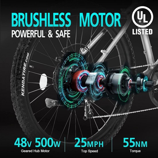 Electric Bike Adults 500W 27.5” Ebike 25MPH Mountain E-Bike 48V 13Ah Lithium-Ion Battery Removable 7-Speed UL Certified