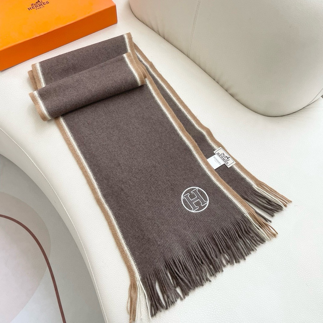 Hermes Cashmere Scarf H-Motif Brown For Women 180cm