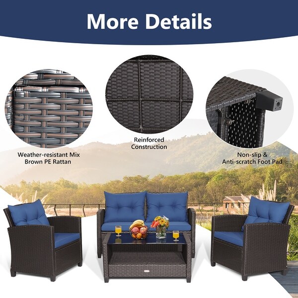 Costway 4 PCS Patio Rattan Furniture Set Glass Table Shelf Sofa