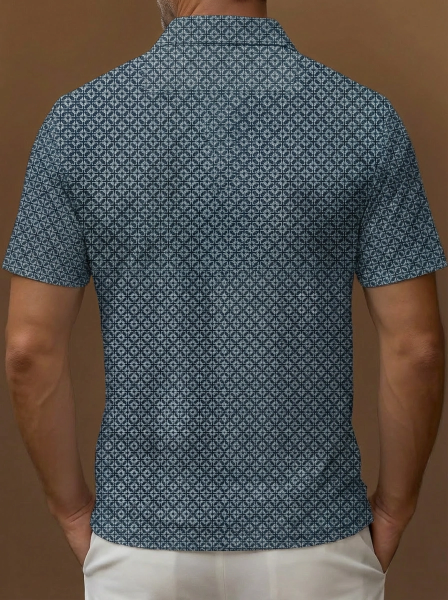 Navy Blue White Geometric Tile Pattern Button Short Sleeve Golf Polo Shirt