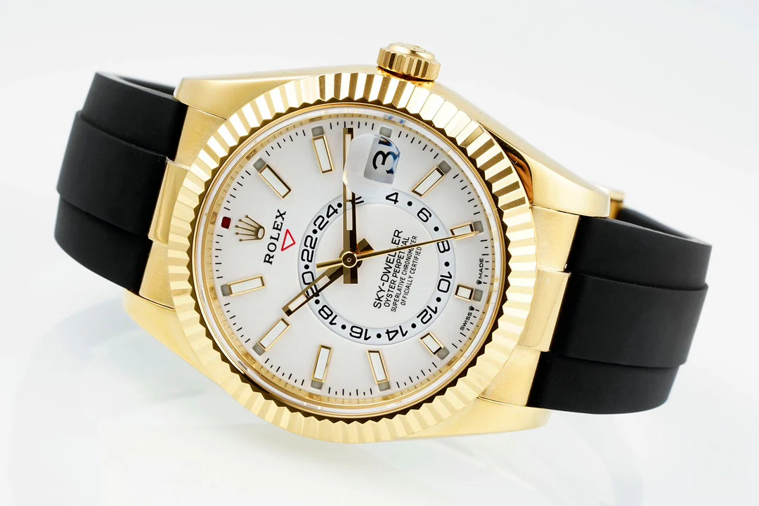 Rolex Sky-Dweller 42mm Gold Case White Dial Rubber Strap