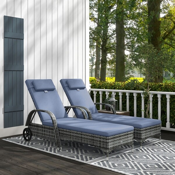 Outsunny Reclining Chaise Lounge Chair,Thickly Cushioned,Headrest,Armrests,Rolling Outdoor PE Rattan Sun Bathing Chair