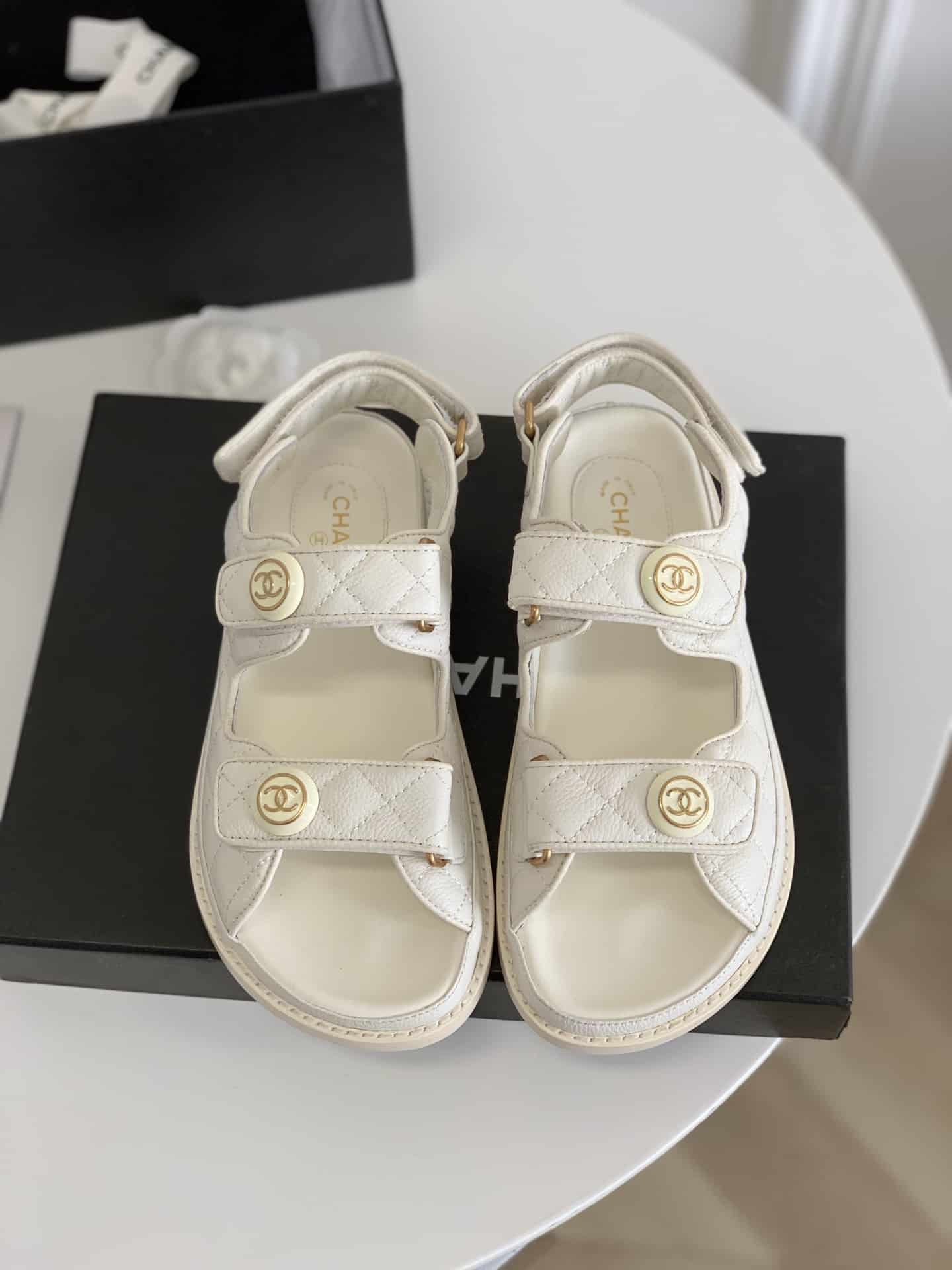 Chanel Cc Button Velcro White Sandals Grained Calfskin Leather