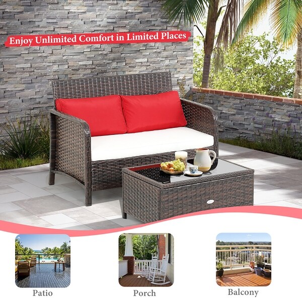 Costway 2PCS Patio Rattan Wicker Loveseat Coffee Table Set Cushioned