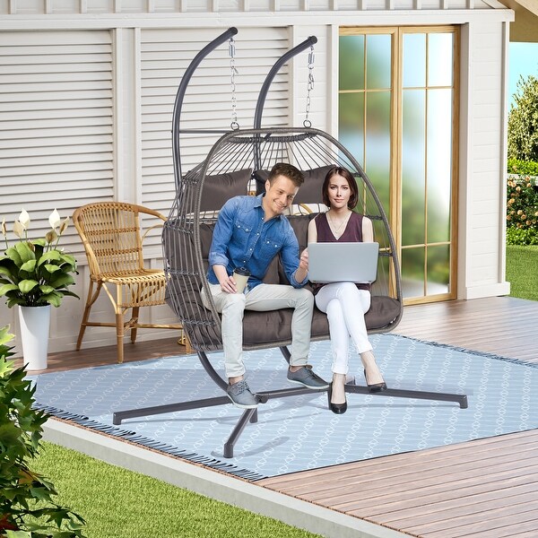 2 Person Outdoor Patio Wicker Hanging Chair Egg Chair with Cushion