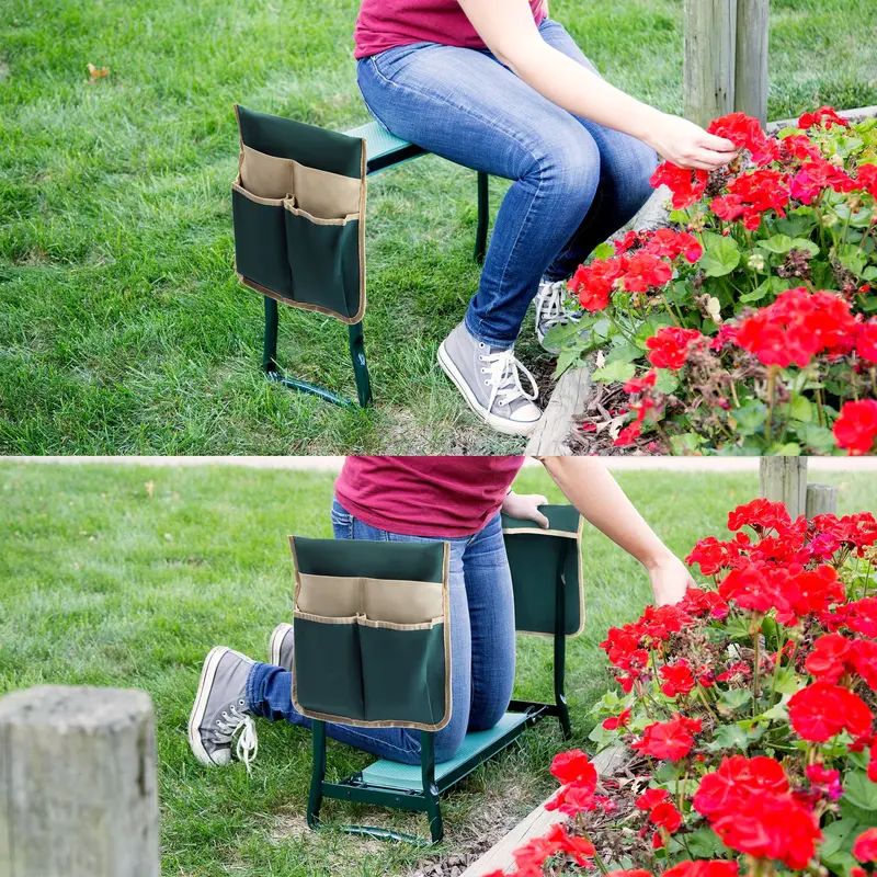 Pure Garden Kneeler Bench – Foldable Stool with 2 Tool Pouches (Green)