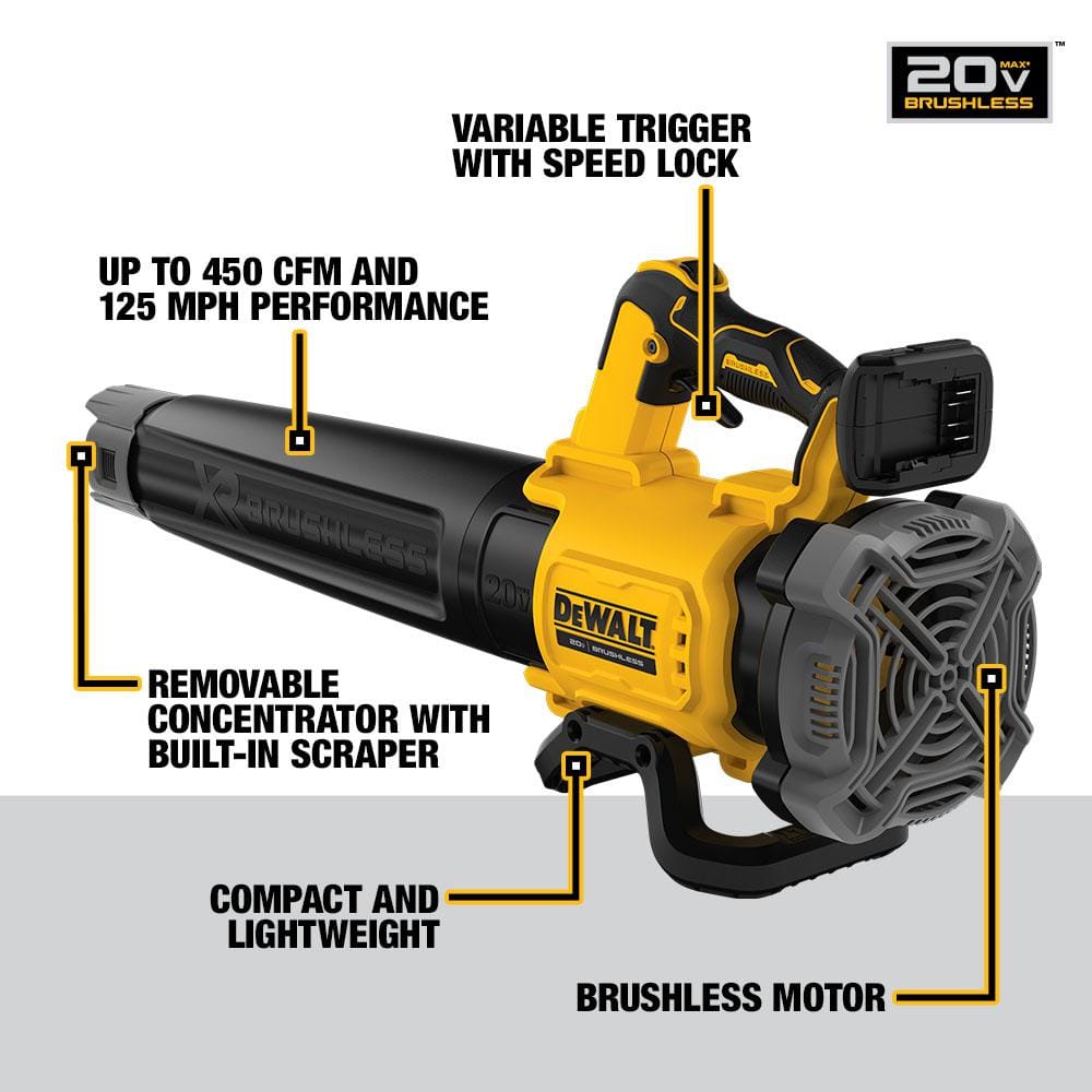 DEWALT 20V MAX 125 MPH 450 CFM Cordless Brushless Battery Powered Handheld Leaf Blower DCBL722B