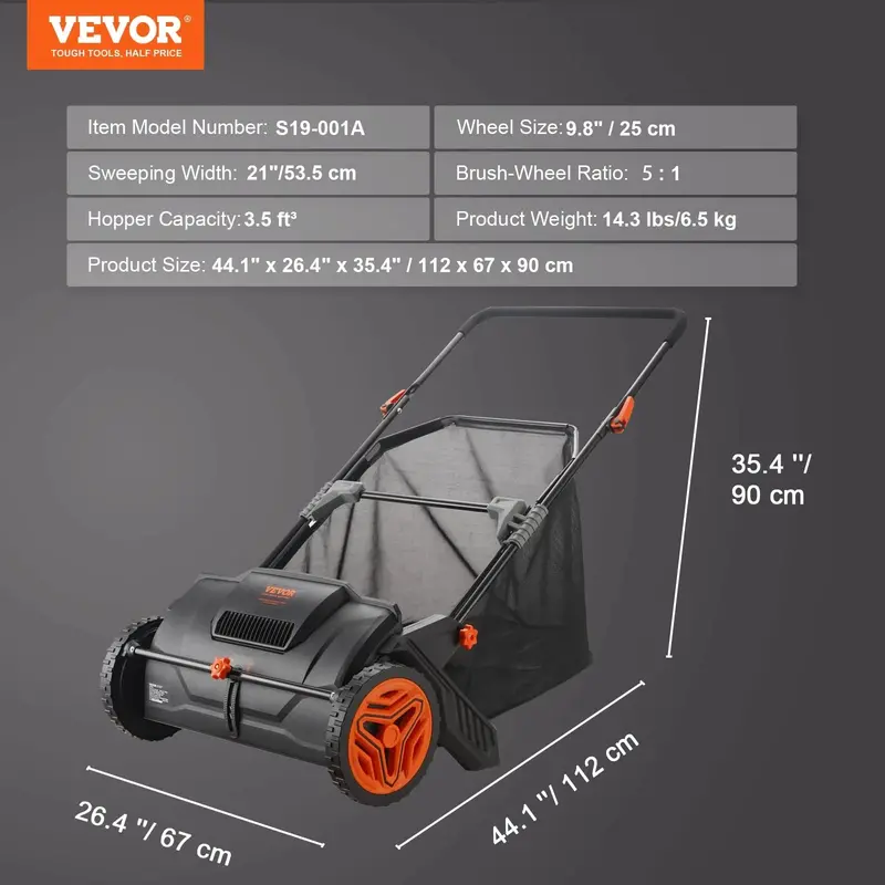 VEVOR 21-Inch Push Lawn Sweeper – Manual Leaf and Grass Clippings Collector for Gardens and Yards