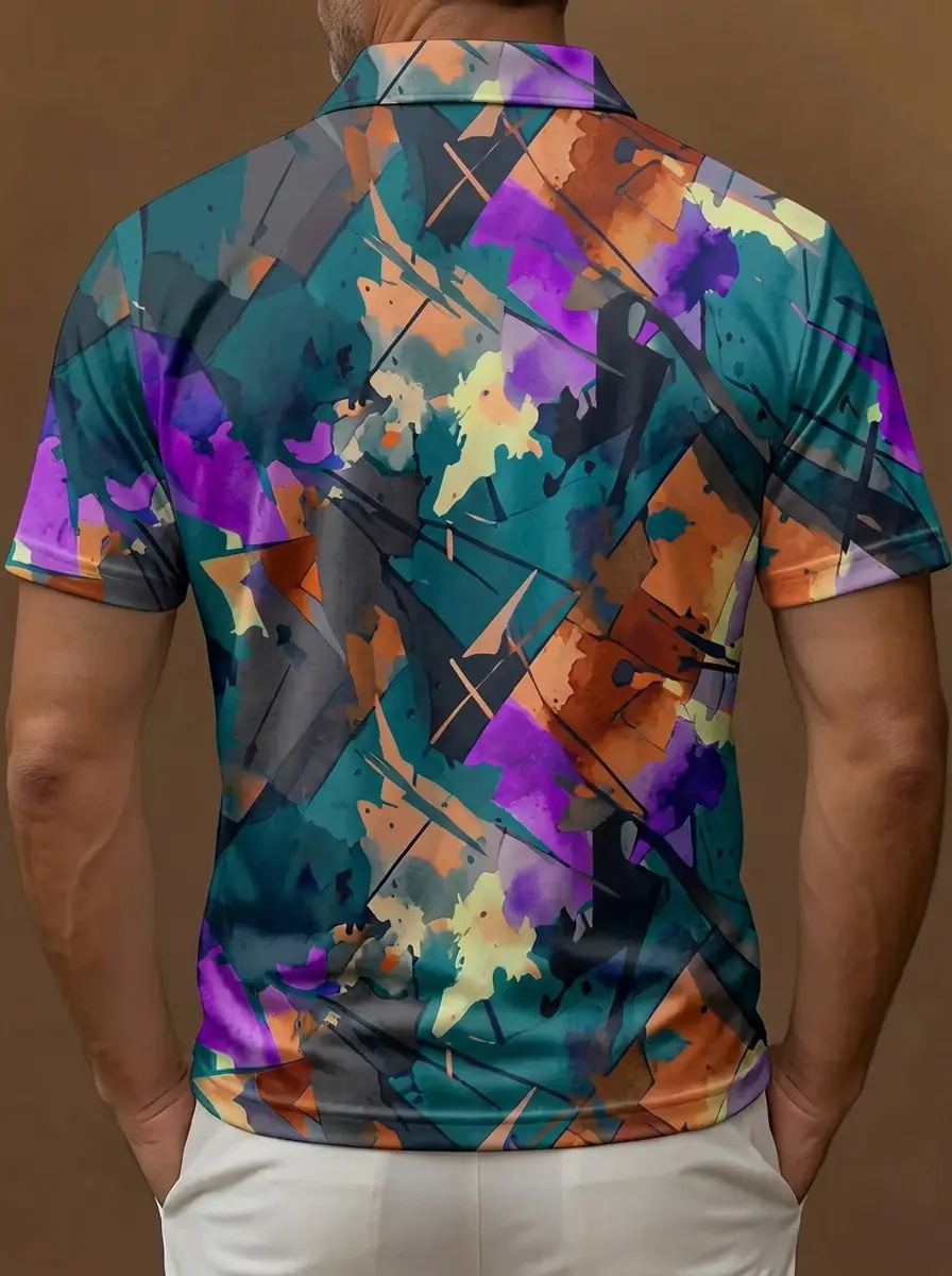 Teal Purple Orange Abstract Watercolor Print Short Sleeve Golf Polo Shirt