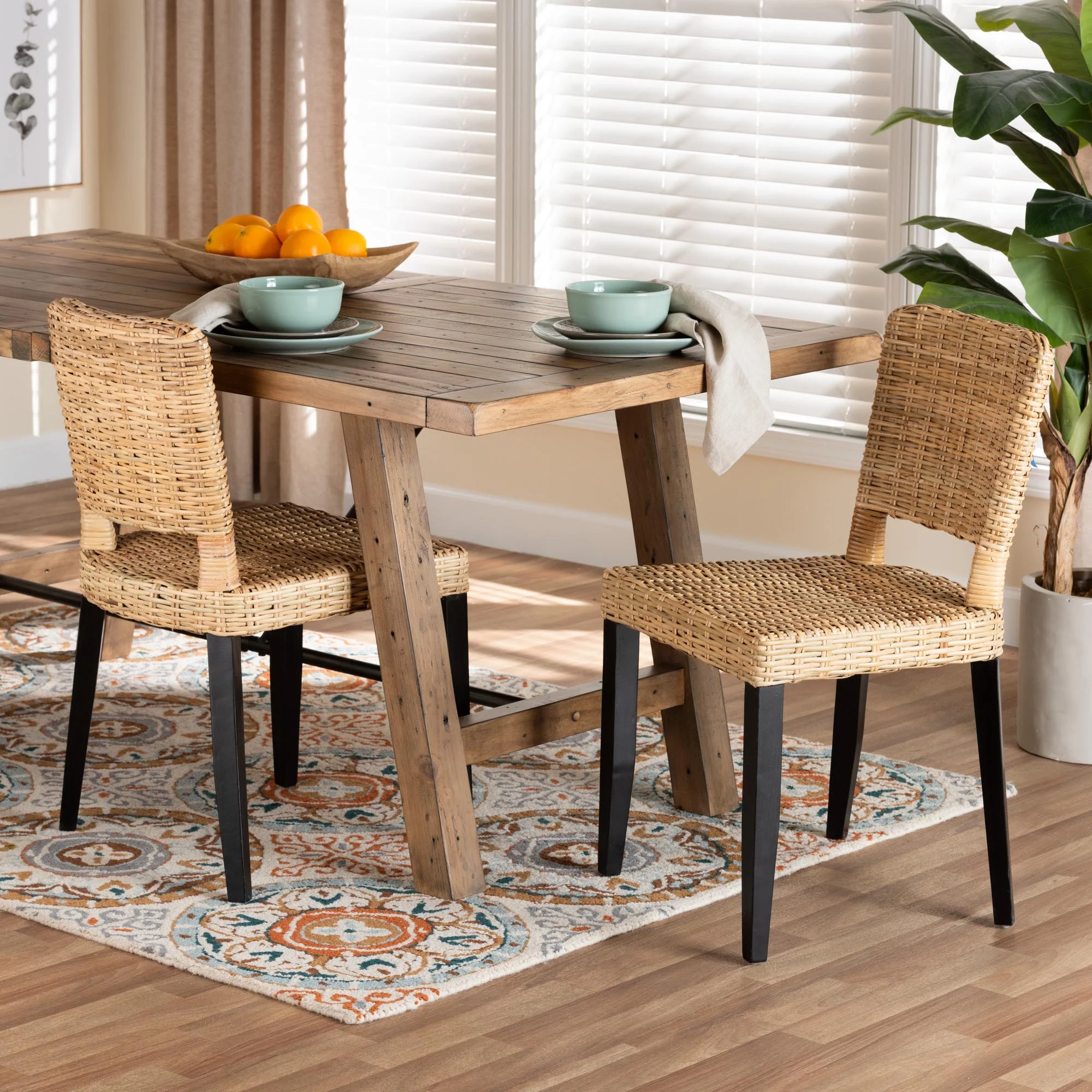 Baxton Studio Dermot Modern Bohemian Dark Brown Finished Wood and Natural Rattan 2-Piece Dining Chair Set