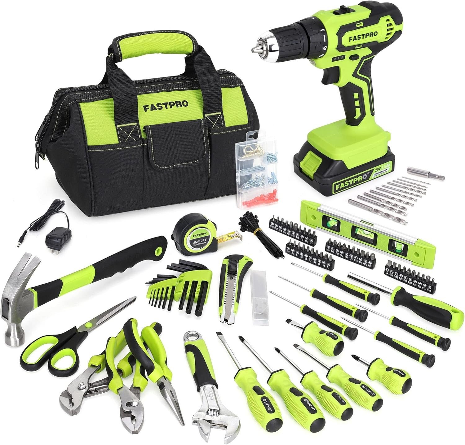 232-Piece 20V Cordless Lithium-Ion Drill Driver & Home Tool Set, Household Repairing Tools Kit with Drill, 12-Inch Wide Mouth Storage Bag, Green