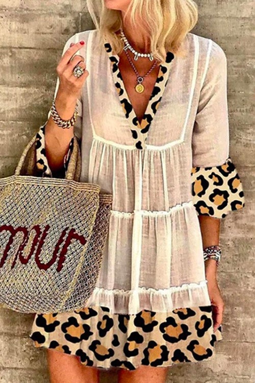 Leopard Trim V-Neck Tiered Swing DressClistos