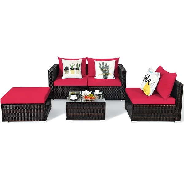 5PCS Patio Rattan Furniture Set Sectional Conversation Sofa w/ Coffee