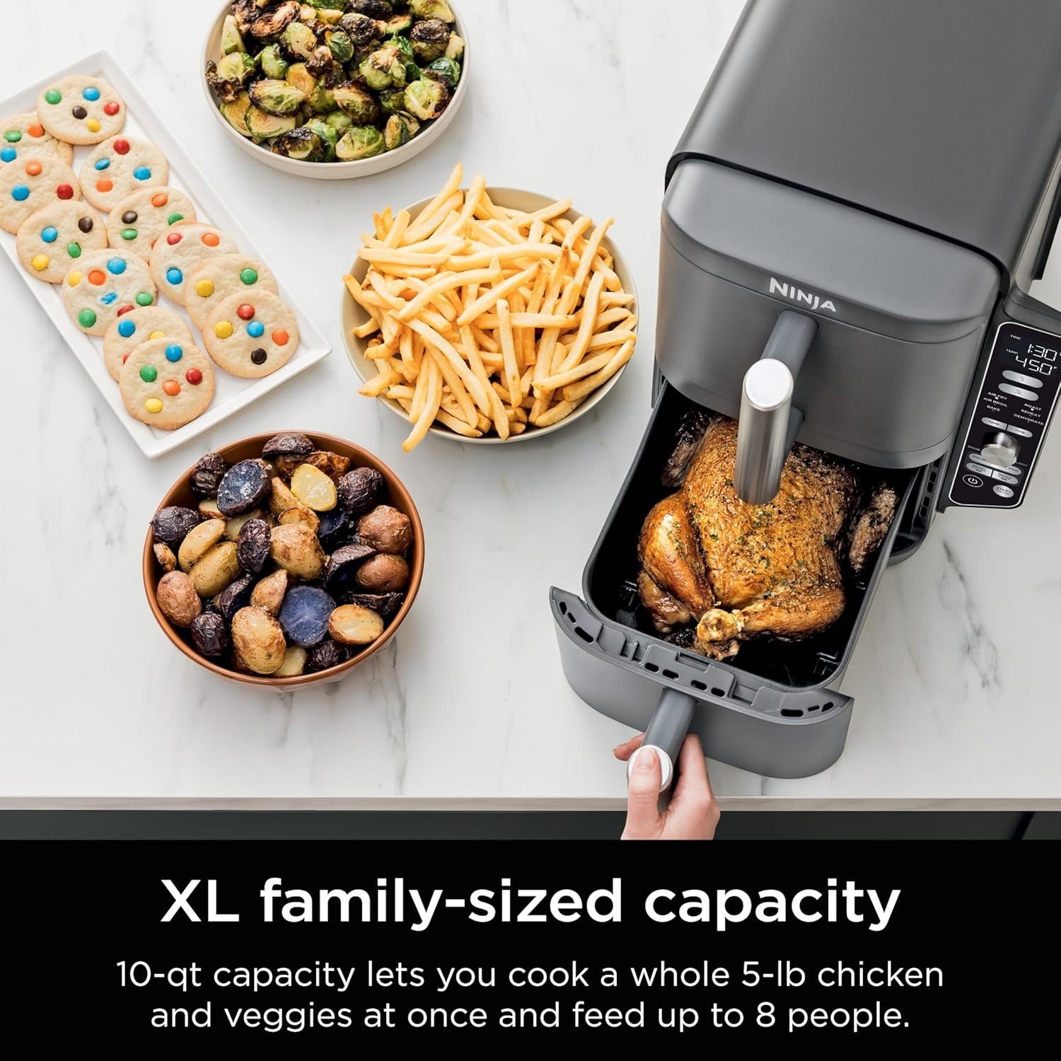 10QT DoubleStack 2-Basket Air Fryer, 4-Food Cooking, Smart Finish, Space-Saving Design, Grey
