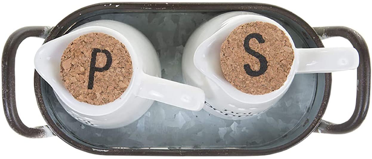 Mud Pie 40250009 Farmhouse Inspired Ceramic Aluminum Salt and Pepper Caddy Set, One size, White