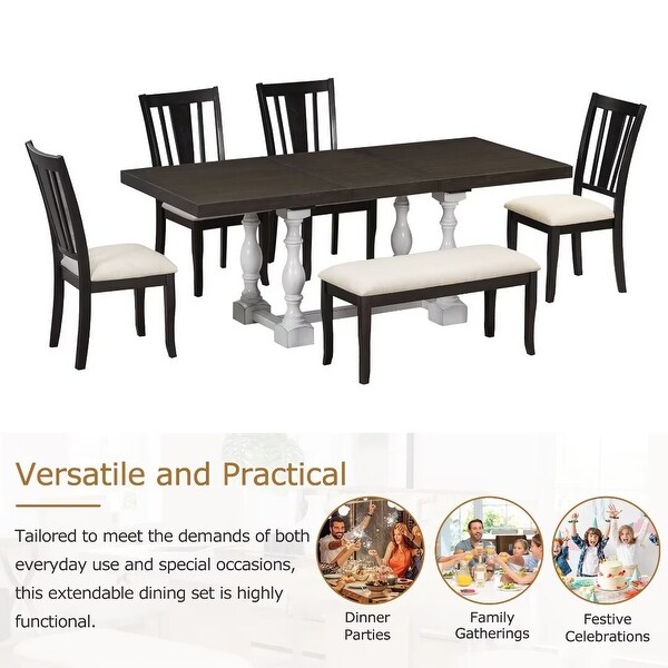 Extendable Dining Table Set with Removable Leaf,Padded Chairs and Bench