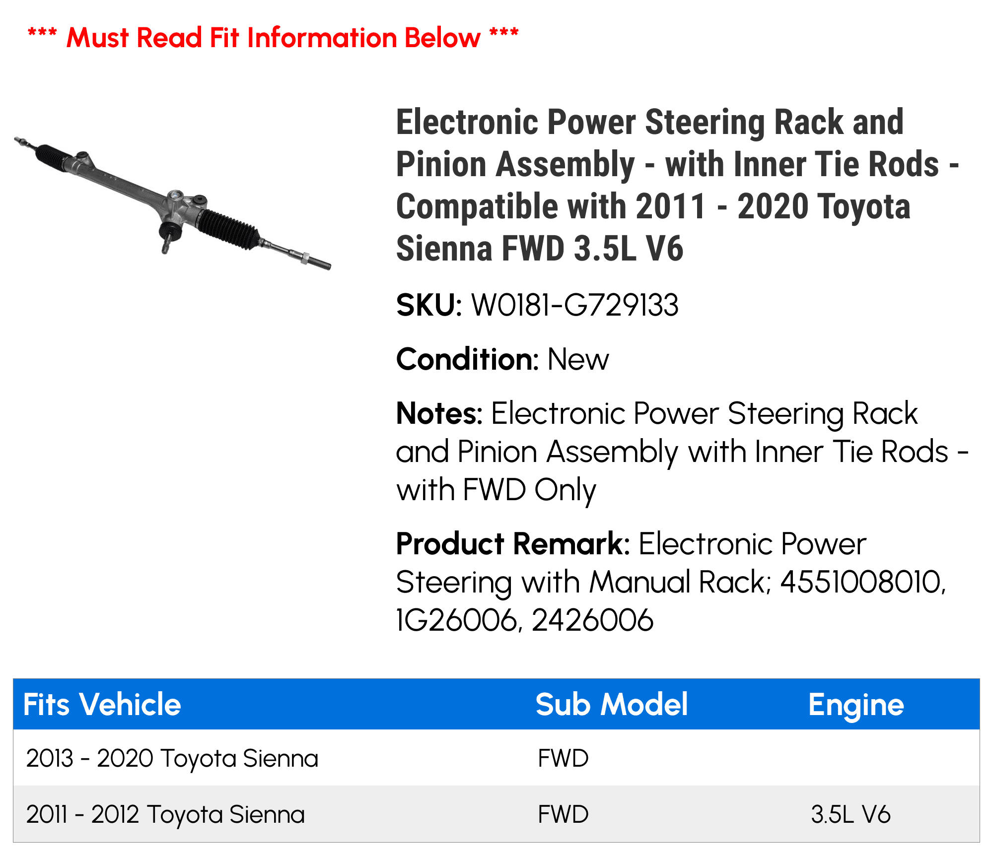 Electronic Power Steering Rack and Pinion Assembly - with Inner Tie Rods - Compatible with 2011 - 2020 Toyota Sienna FWD 3.5L V6 2012 2013 2014 2015 2016 2017 2018 2019