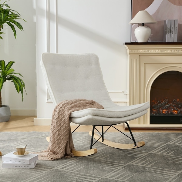 Outdoor Indoor Lazy Upholstered Armless Rocking Chair Lounge Chair with Wide Backrest and Seat Wood Base