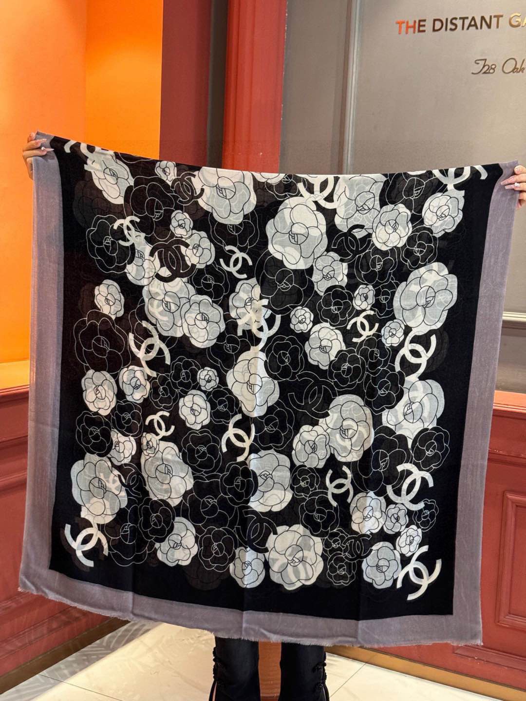 Chanel Silk Shawl Camellia Motif Black-Grey For Women 200cm