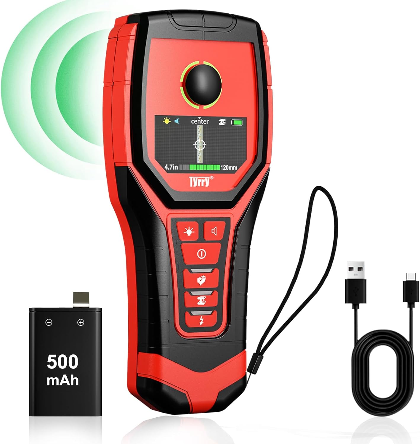 5 in 1 Stud Finder Wall Scanner Rechargeable with 9 Sensors for Precise Center and Edge of AC Wire Magnetic Metal Joist Wood Pipe Detection, HD Color Display Position & Depth, Audio Light Alarm